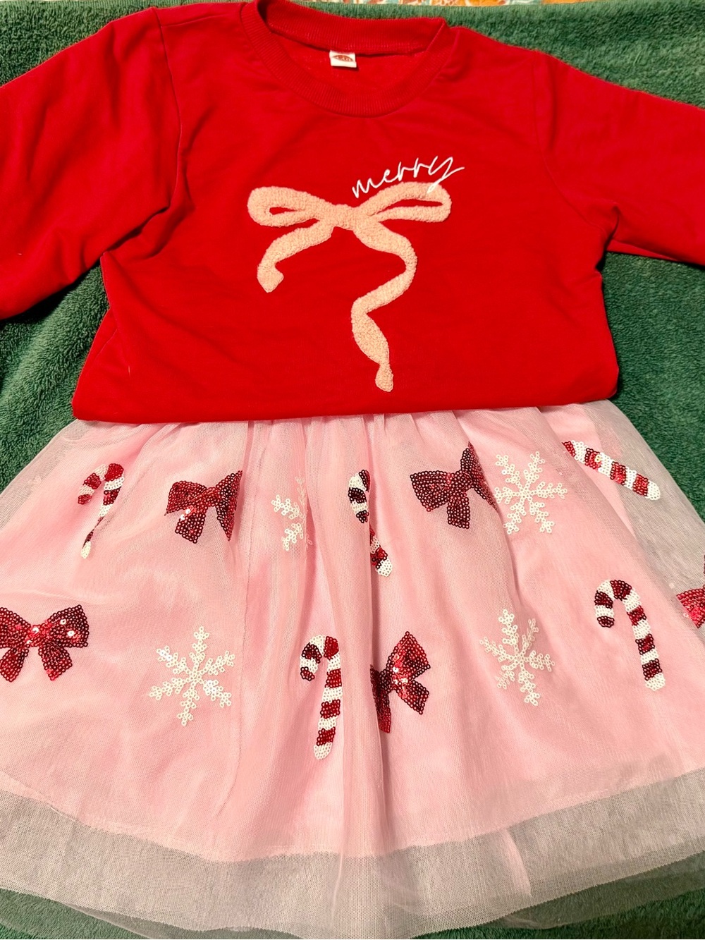 Girl’s Christmas Holiday Outfit Set- Red Long-Sleeve Top & Pink Sequin Skirt